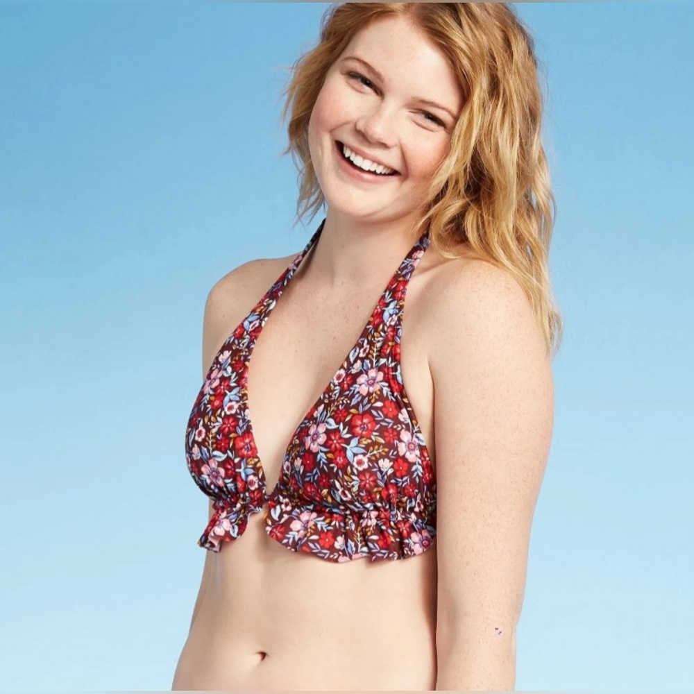 Xhilaration Swim Tie Back Ruffle Front Halter Triangle Floral Print Bikini Top